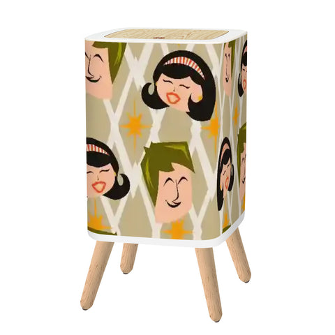 Nordic Style Square Small Trash Can with Lid Mid Century Pattern Faces