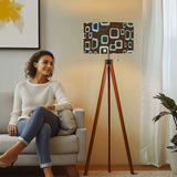 Retro 60s Scandi Tripod Floor Lamp: Brown Blue Pattern Shade, Smart LED Remote