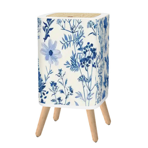 Vintage Square Small Trash Can with Lid, Floral Toile de Jouy Blue White