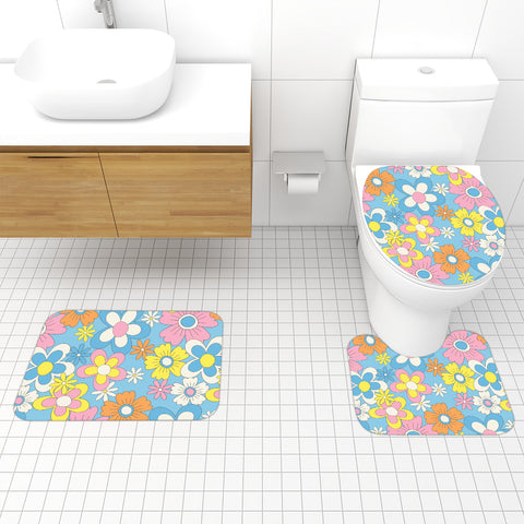 Retro 70s Hippie Flower Power Midcentury Bath Rug 3-Piece Set