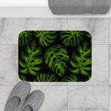 Retro 60s Monstera Pattern Bath Mat | Mid Century Black Green Decor