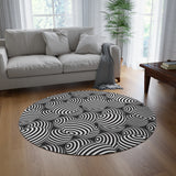 Black White Retro 80s Round Chenille Rug, Monochrome Vintage Style Accent