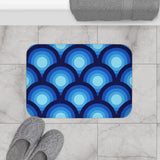 Mid Century Blue Peacock Design Bathroom Mat, Retro 70s Decor