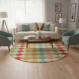 Pastel Colors Boho Round Rug, Retro 60s Style Midcentury Area Carpet