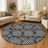 Black White Retro 80s Round Chenille Rug, Monochrome Vintage Style Accent