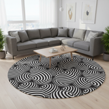 Black White Retro 80s Round Chenille Rug, Monochrome Vintage Style Accent