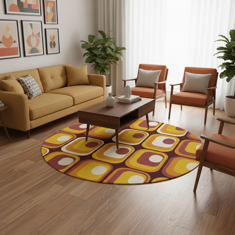 Orange Brown Retro 70s Round Rug, Boho Chenille Mid-Century Style Area Carpet