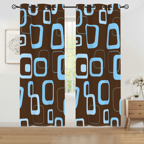 Midcentury 60s Vintage Blackout Curtains: Retro Mocha Brown Turquoise Drapes