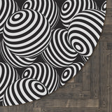 Black White Retro 80s Round Chenille Rug, Monochrome Vintage Style Accent