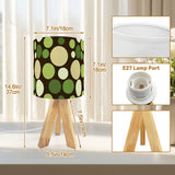 70s Retro Table Lamp: Brown Green Polka Dot Linen Shade, Wood Tripod Base