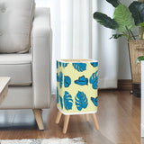 Scandi Square Small Trash Can with Lid, Vanilla Yellow with Blue Leaves