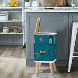 Retro 50s Small Trash Can with Lid, Atomic Mid Century Pattern Blue