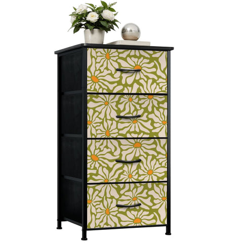 70s Daisy Pattern Midcentury Modern 4-Drawer Dresser – Floral Storage Cabinet