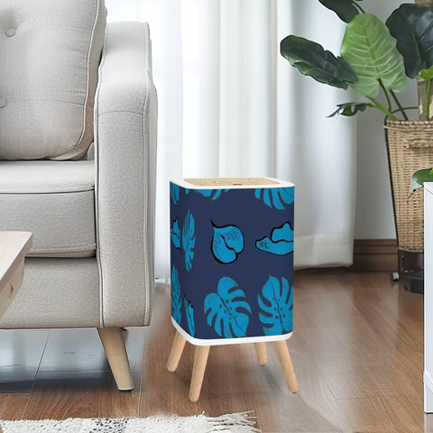 Retro Scandi Square Small Trash Can with Lid, Deep Indigo Oceanic Ink Blue