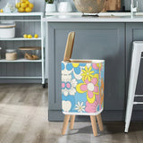 Scandi Square Small Trash Can with Lid, 1970s Flowers Blue Orange Yellow