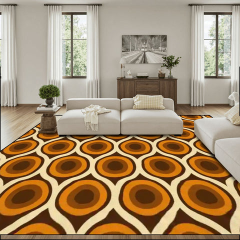 Retro 70s Peacock Area Rug: Orange Brown Non-Slip Plush, 12x9 ft / 365x274 cm