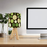 70s Retro Table Lamp: Brown Green Polka Dot Linen Shade, Wood Tripod Base