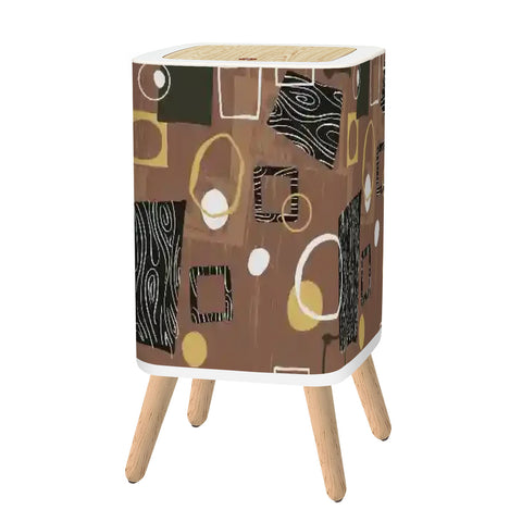 Retro Square Small Trash Can with Lid,  Mid Century 50s Brown Beige Black