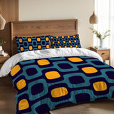 Blue Yellow Microfiber Comforter Set: Midcentury Retro Queen Size Bed