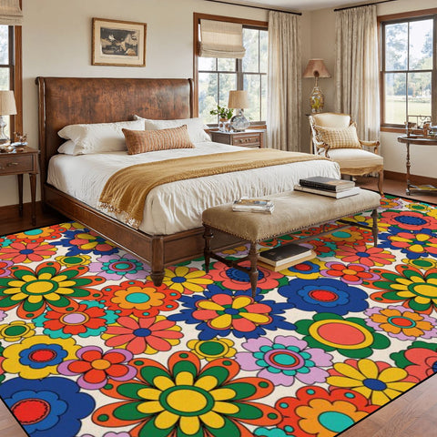 70s Flowr Power Retro Midcentury Rug – Floral Soft Non-Slip Area Carpet