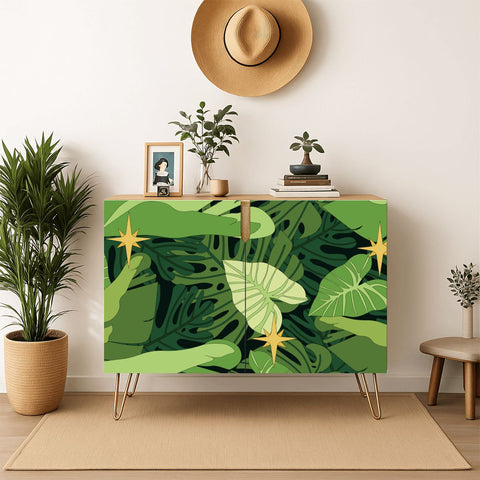 Mid Century Monstera Leaf Pattern Cabinet – Retro Storage with Hairpin Legs