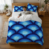 Blue Peacock Eye Pattern Comforter Set: 70s Retro Queen Size Microfiber Bedding