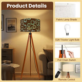 Retro 60s Scandi Tripod Floor Lamp: Brown Blue Pattern Shade, Smart LED Remote