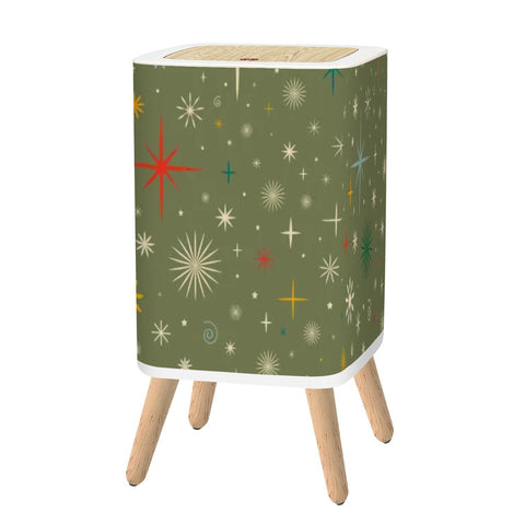 Retro 1960s Trash Can with Lid, Christmas Stars Celestial Olive Green