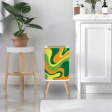 Retro Square Small Trash Can with Lid, 1970s Psychedelic Swirl Acidwave Green Yellow Orange