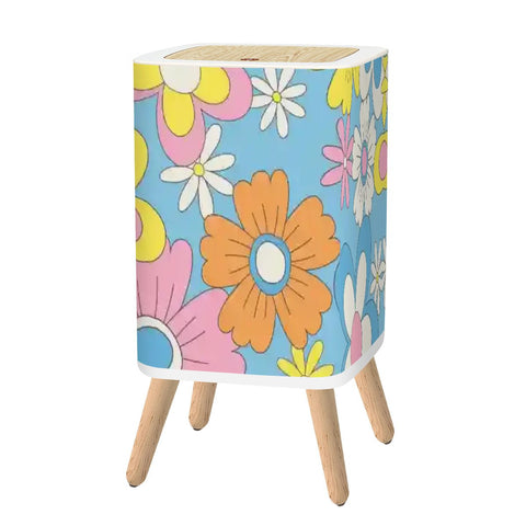 Scandi Square Small Trash Can with Lid, 1970s Flowers Blue Orange Yellow