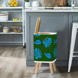 Retro 70s  Square Small Trash Can with Lid, Dark Green with Blue Leaves