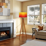 Retro Midcentury Floor Lamp Yellow Orange Red – Tripod Wood Base Linen Shade