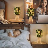 70s Retro Table Lamp: Brown Green Polka Dot Linen Shade, Wood Tripod Base