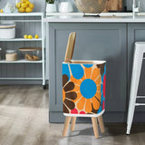 Retro Nordic Square Small Trash Can with Lid, 1970s Flowers Blue Red Brown Yellow
