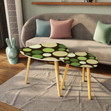 Midcentury 70s Triangle Nesting Coffee Table Set - Green Polka Dot Accent