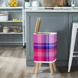 Nordic Square Small Trash Can with Lid, Tartan Check Fabric Blue Pink Red