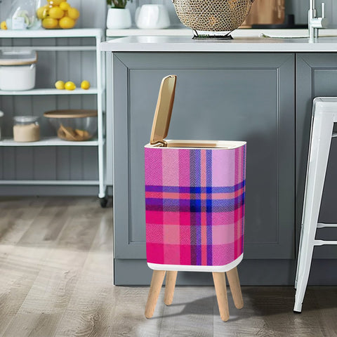 Nordic Square Small Trash Can with Lid, Tartan Check Fabric Blue Pink Red
