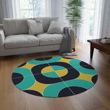 Bold 60s Retro Round Chenille Rug, Geometric Accent Black Turquoise Mustard