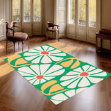 Floral Green White Yellow Midcentury Rug – No Tassels, Retro 70s Home Decor