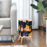 Scandi Square Small Trash Can with Lid, Faces 50s Mid Century Pattern Black