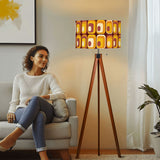 Retro 70s Midcentury Style Tripod Floor Lamp: Orange Brown Linen Shade, Remote