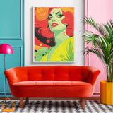 Framed RETRO 70s WALL ART POSTER,  Midcentury Style Groovy Female Portrait Orange Green Yellow