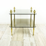 Square 1980s GOLDEN BRASS Smoked Glass Side TABLE with 2 tiers