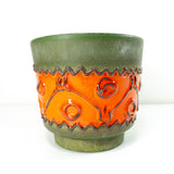 Exceptional 1960s-70s WGP CERAMIC PLANTER, olive green with orange relief pattern