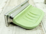 1970s green silver BATHROOM SET of soap dish and wall hook, stainless steel plastic