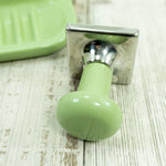 1970s green silver BATHROOM SET of soap dish and wall hook, stainless steel plastic