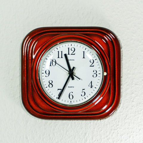 Square Red 1960s Midcentury Op-Art CERAMIC WALL CLOCK by Europa, Westgermany