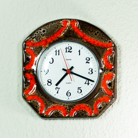 Orange Brown BRUTALIST 1970s Midcentury Ceramic WALL CLOCK by Europa