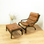 Original! 1960s Scandinavian Midcentury LEATHER LOUNGE SET Armchair And Ottoman