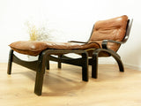 Original! 1960s Scandinavian Midcentury LEATHER LOUNGE SET Armchair And Ottoman